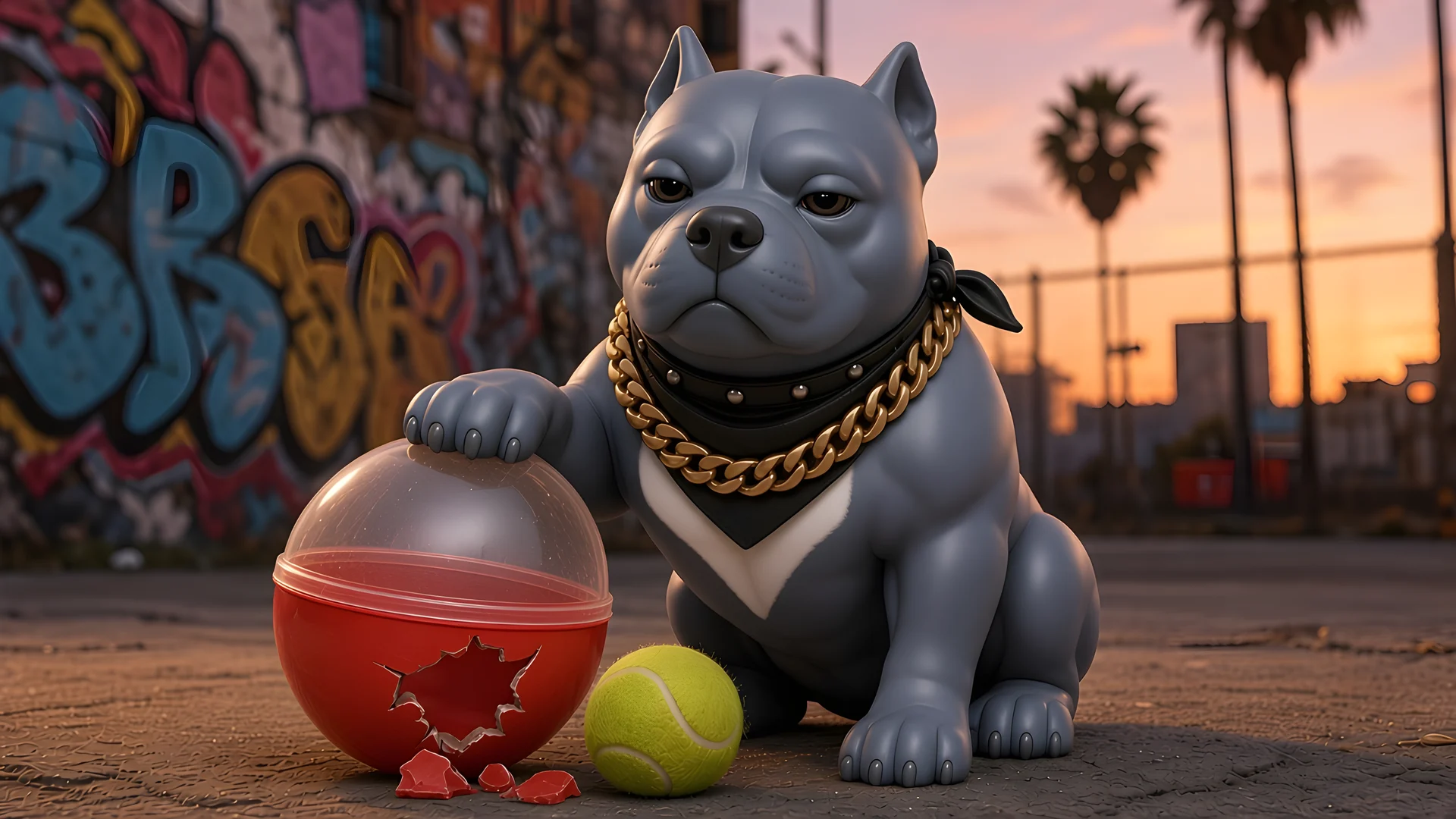 BOSS, the official HOMEEZ mascot American Bully, on the block at sunset